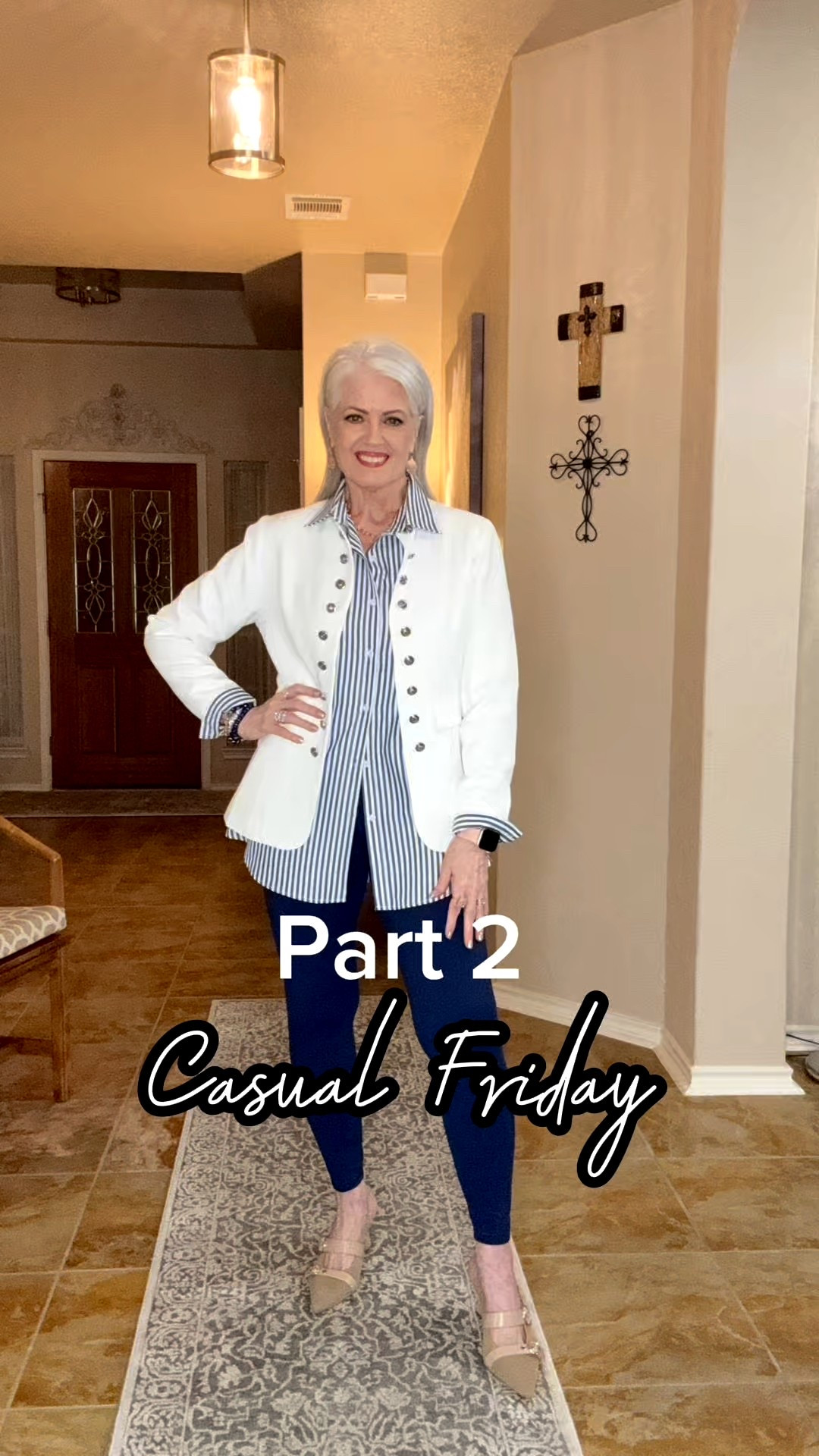 Part 2-Elevated Casual Friday look!  The boss lady is here to sleigh in this white fitted blazer and the blue stipe blouse is great for any occasion and comfort is the main character!  

#LTKPetite #LTKWorkwear #LTKSaleAlert