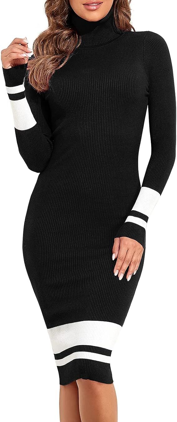 PrettyGuide Women's Turtleneck Sweater Dress Long Sleeve Ribbed Knit Stretch Midi Bodycon Dresses | Amazon (US)