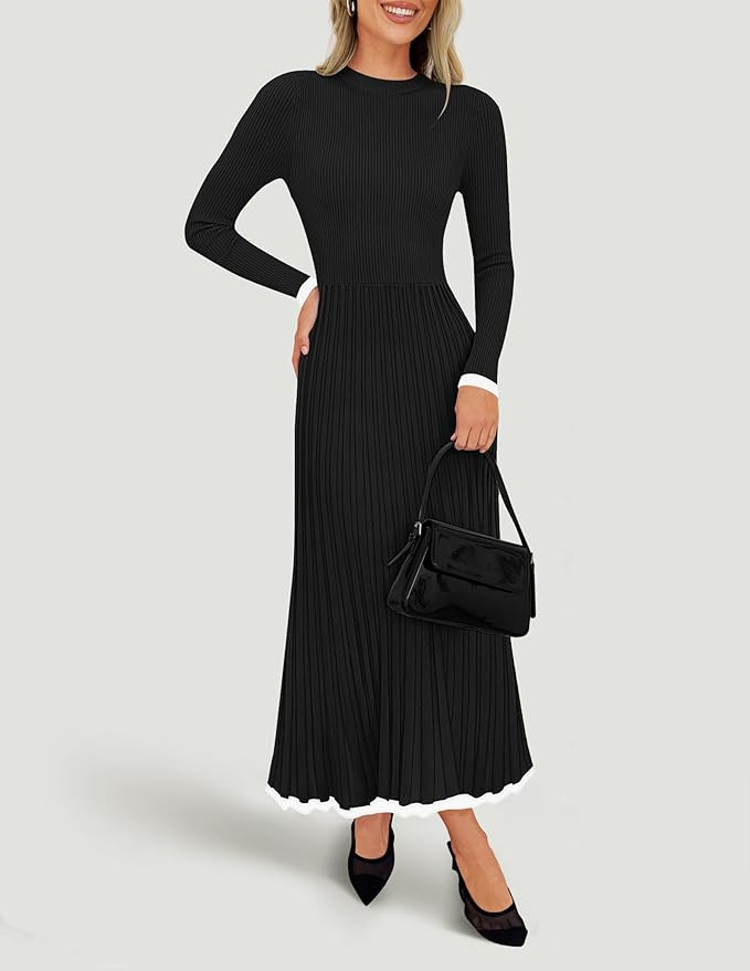 ZESICA Women's Long Sleeve Sweater Dress Fall 2026 Crewneck Ribbed Knit Pleated A-Line Maxi Weddi... | Amazon (US)