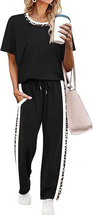 WIHOLL 2 Piece Lounge Sets for Women Matching Set Summer Outfits Short Sleeve Tops Wide Leg Pants... | Amazon (US)