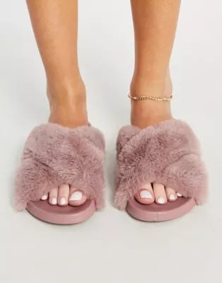 ASOS DESIGN Fiona fluffy crossover sliders in dusty pink | ASOS (Global)