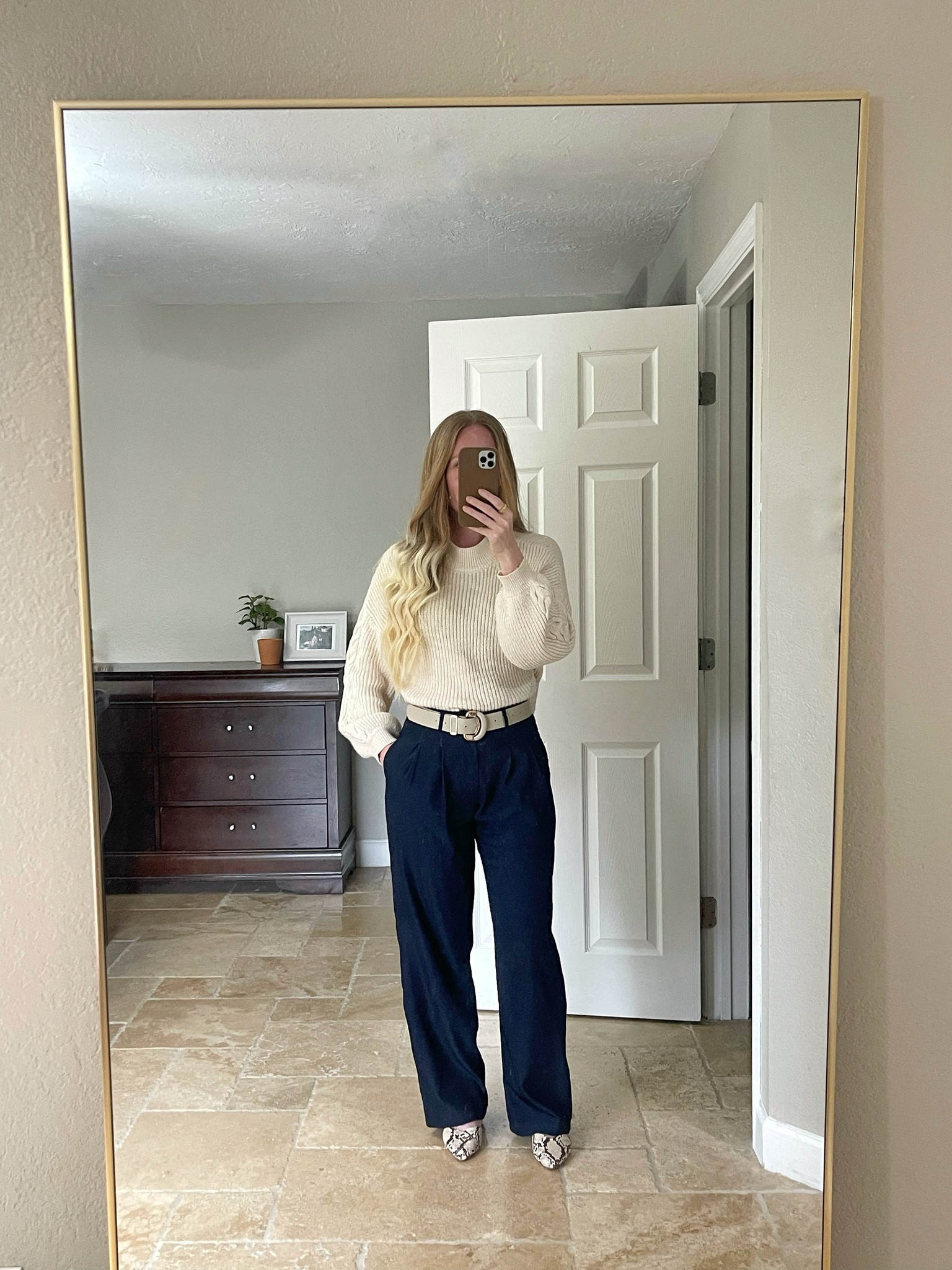 Office look: cream knitted sweater, navy blue trousers, snake skin flats, tan belt, gold jewelry 

Fall looks for the office, work looks, office looks, sweaters, trousers, fall outfits 

#LTKFallSale #LTKWorkwear #LTKFindsUnder100