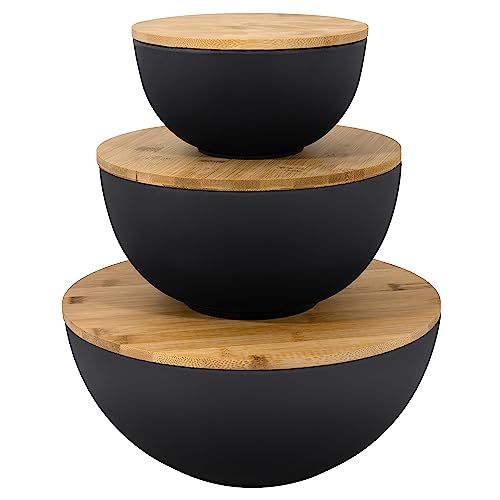 Bremel Home Salad Bowl with Lid - Black Large Salad Bowl Set of 3 with Wooden Lids, Bamboo Fibre ... | Amazon (US)