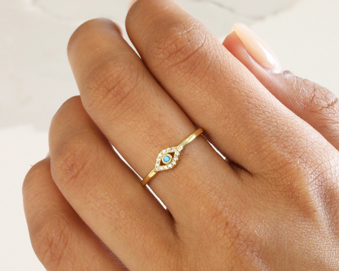 Dainty Evil Eye Stacking Ring • Simple Turquoise Ring • Gold Minimalist Ring • Sterling Sil... | Etsy (CAD)
