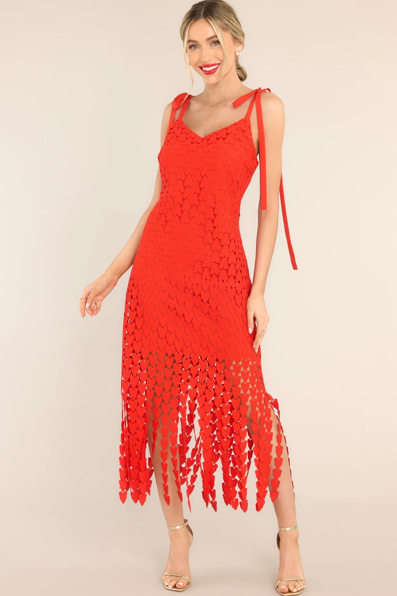 Heart On Display Red Heart Lace Midi Dress | Red Dress 