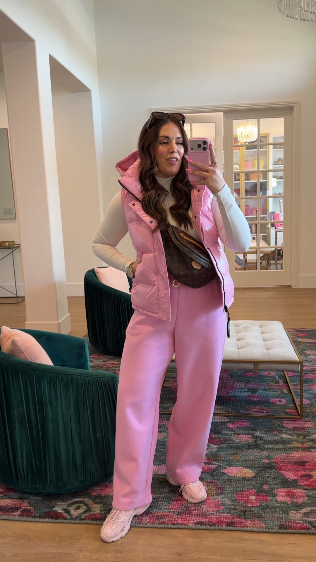 curvy midsize morganite pink @Aritzia  winter mom style 💕 wearing size medium in vest, large on mock neck, and large in sweat pants 

#LTKValentine #LTKSeasonal #LTKMidsize