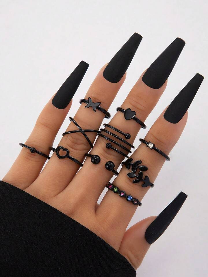 imoli 10pcs Black Simple Random Alloy Ring Set With Rhinestone-Studded Heart, Butterfly And Leave... | SHEIN