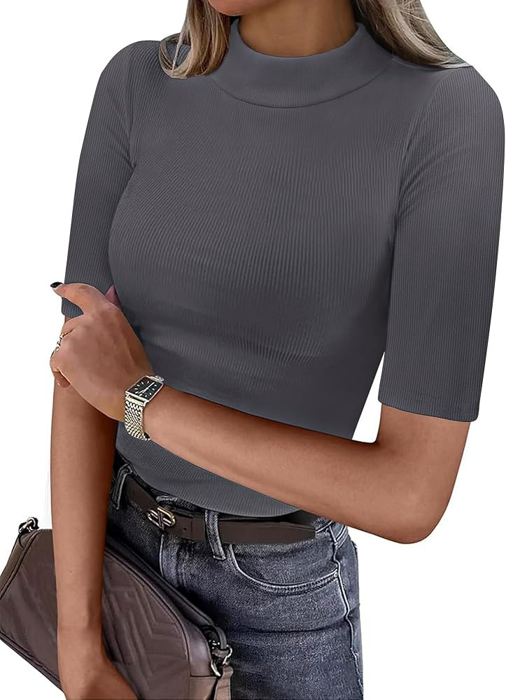 ANRABESS Womens Basic Ribbed Tee, Mock Neck Half Sleeve, Soft Comfort for Office & Casual Outings... | Amazon (US)