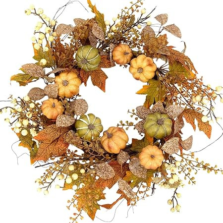 idyllic Artificial Pumpkins Wreath Autumn Wreath with Green and Yellow Leaves Flower Wreath for F... | Amazon (US)
