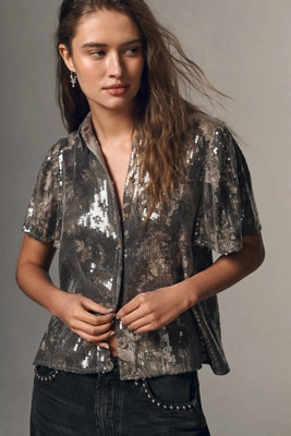 Pilcro Short-Sleeve Sequin Buttondown Blouse | Anthropologie (US)