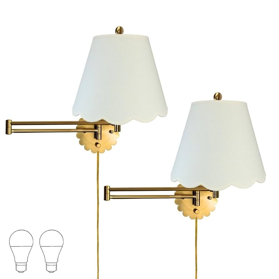 Royal Designs, Inc. Set of 2 Scalloped Swing-Arm Dimmable Wall Lamp - Brushed Satin Brass Lamp wi... | Amazon (US)
