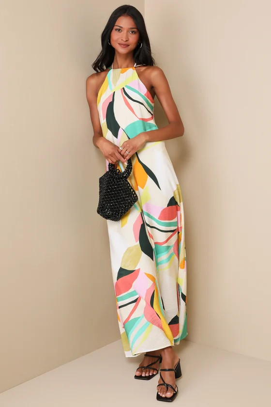 Wonderful Bliss Beige Multi Abstract Print Backless Maxi Dress | Lulus