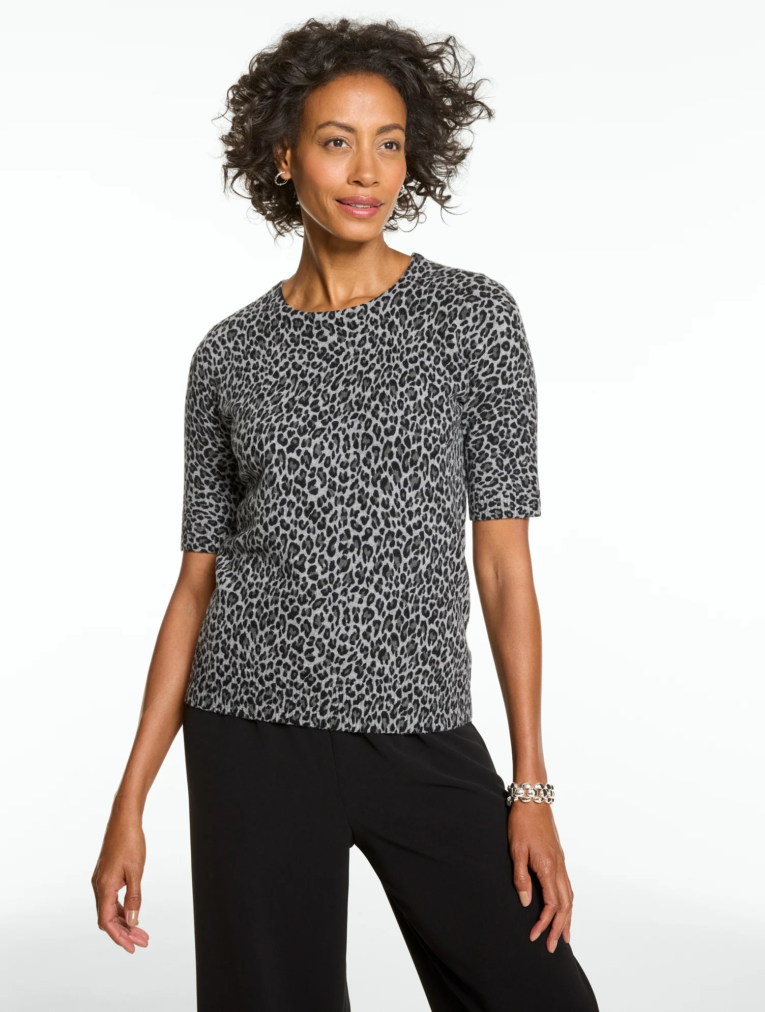 Petite - Elbow Sleeve Crewneck Sweater Pullover - Fabulous Leopard - Mist Grey Heather - 2XS Talbots | Talbots