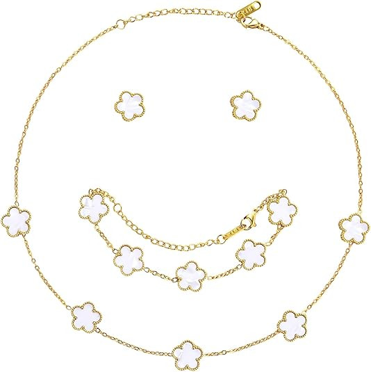 AmorArtSky Lucky Clover Jewelry Set - 18K Gold Plated Flower Design Five Leaf Bracelet, Necklace ... | Amazon (US)