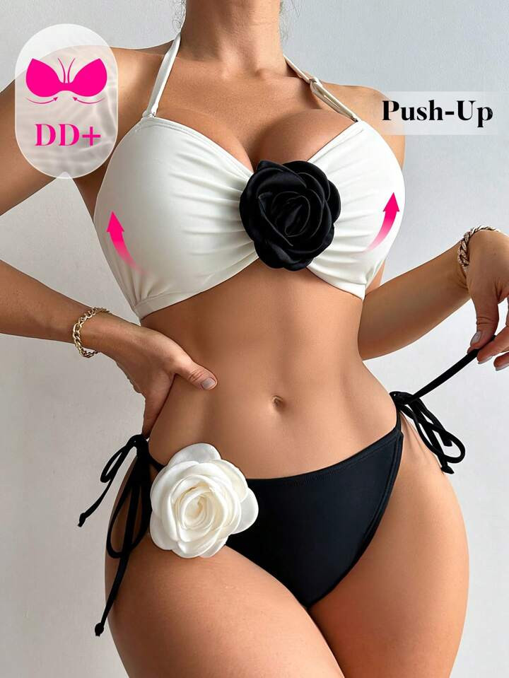 SHEIN DD+ Summer Beach Women's 3d Flower Decoration Swimsuit Set Wedding | SHEIN