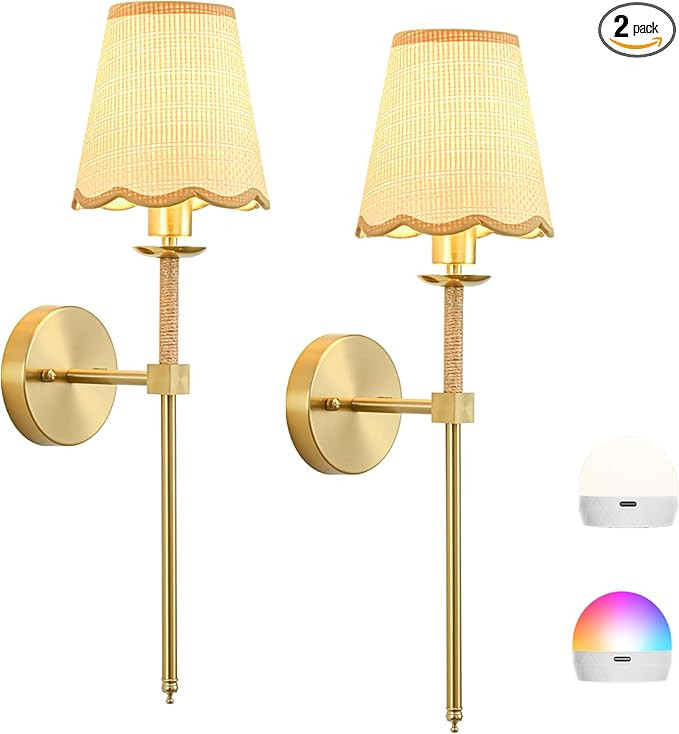 Boho Battery Operated Wall Sconce Set of 2, Gold Wireless Rechargeable Wall Lights with Rattan Sh... | Amazon (US)