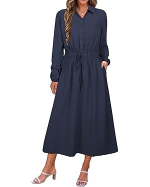 ECOWISH Womens Midi Dress Summer Casual A Line Maxi Shirt Dresses Spring Long Sleeve Button Front... | Amazon (US)