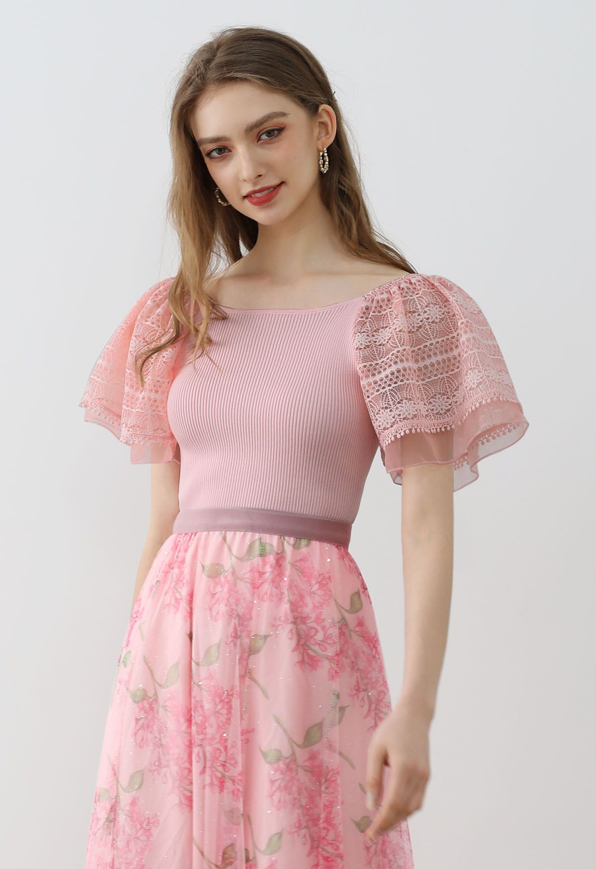 Cutwork Lace Flutter Sleeves Spliced Knit Top in Pink | Chicwish