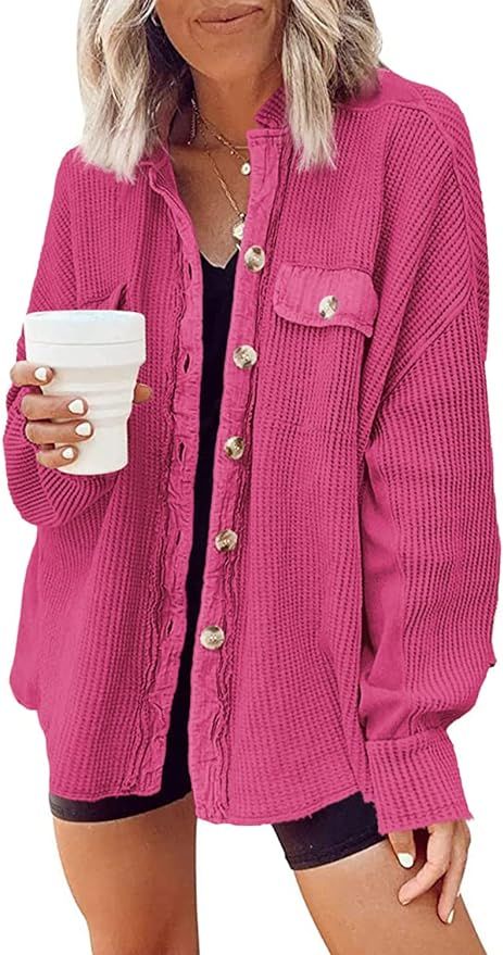 Yanekop Womens Waffle Knit Shacket Boyfriend Shirt Jacket Button Down Blouse Loose Fit Long Sleev... | Amazon (US)