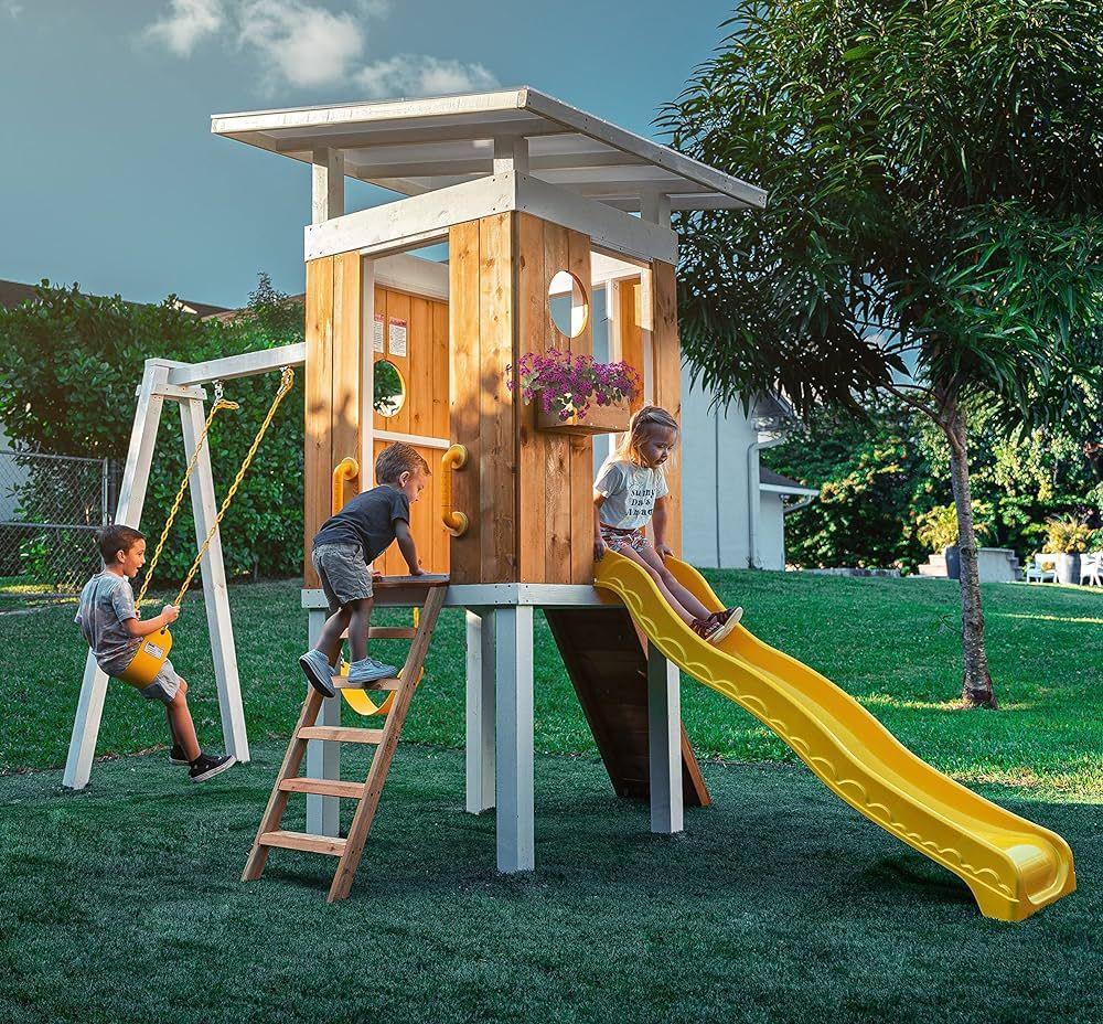 Avenlur Modern Outdoor Backyard Swing Set Children's Rock Climbing Wood Playground Playset 2 Belt... | Amazon (US)