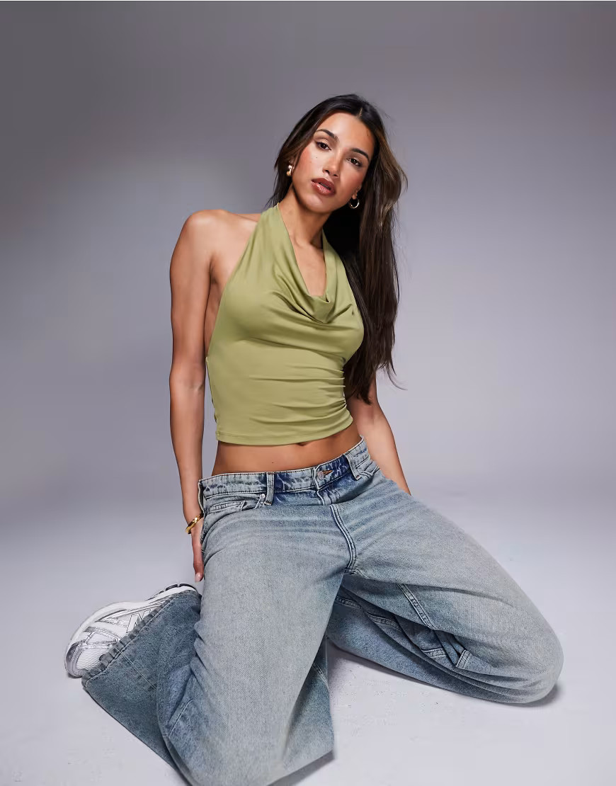 ASOS DESIGN high neck halter cowl neck top in sage green-Brown | ASOS (Global)