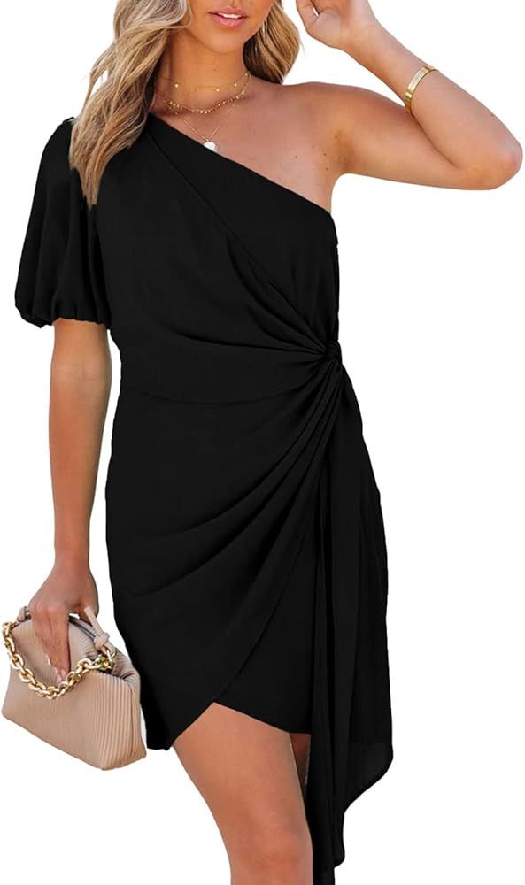 Sidefeel Women One Shoulder Twist Ruffle Hem Sexy Fitted Short Cocktail Bodycon Mini Dress | Amazon (US)