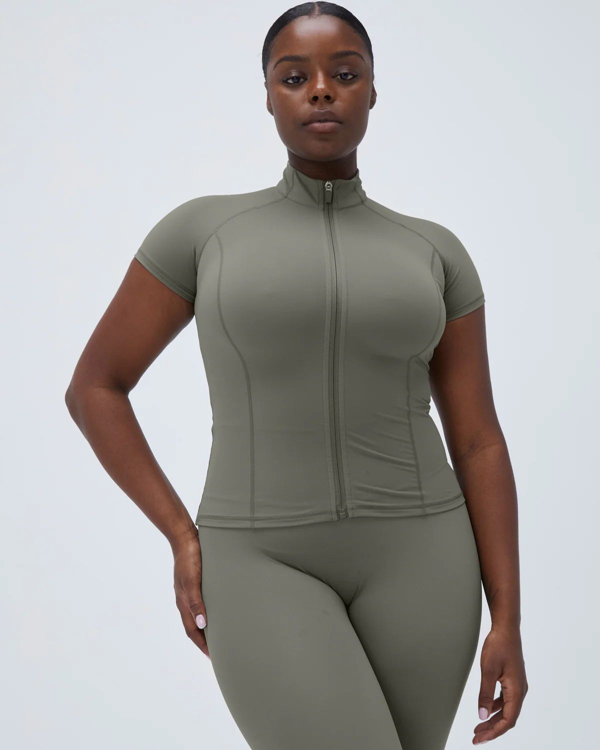 Ultimate Short Sleeve Zip Up Top - Olive Green | Adanola UK
