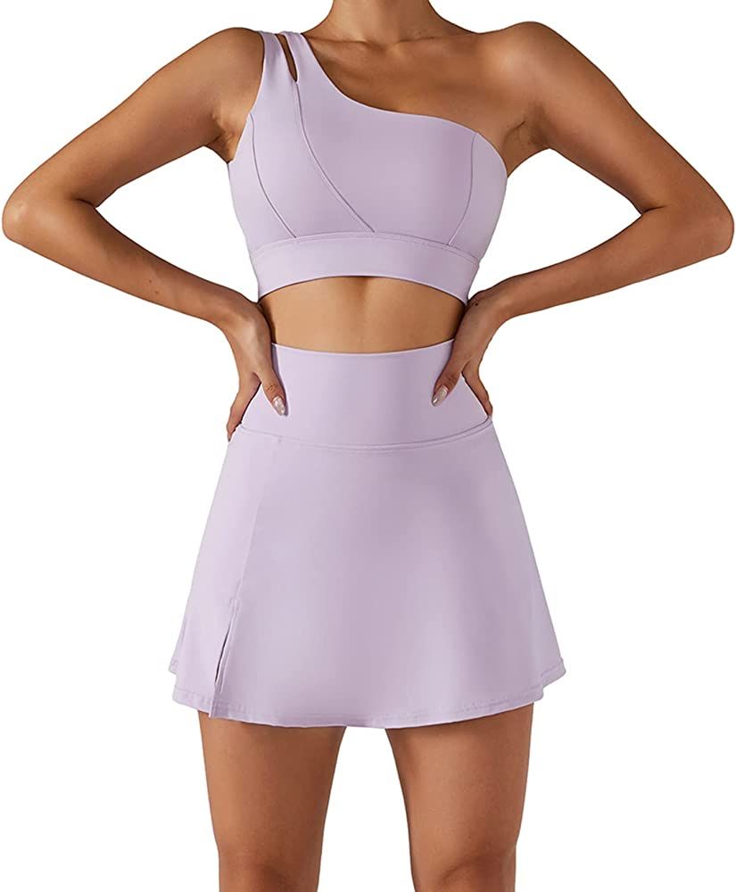Women's Tennis Skirts Sport Bra Sets High Waisted Golf Skorts Skirt One Shoulder Sports Bra Runni... | Amazon (US)