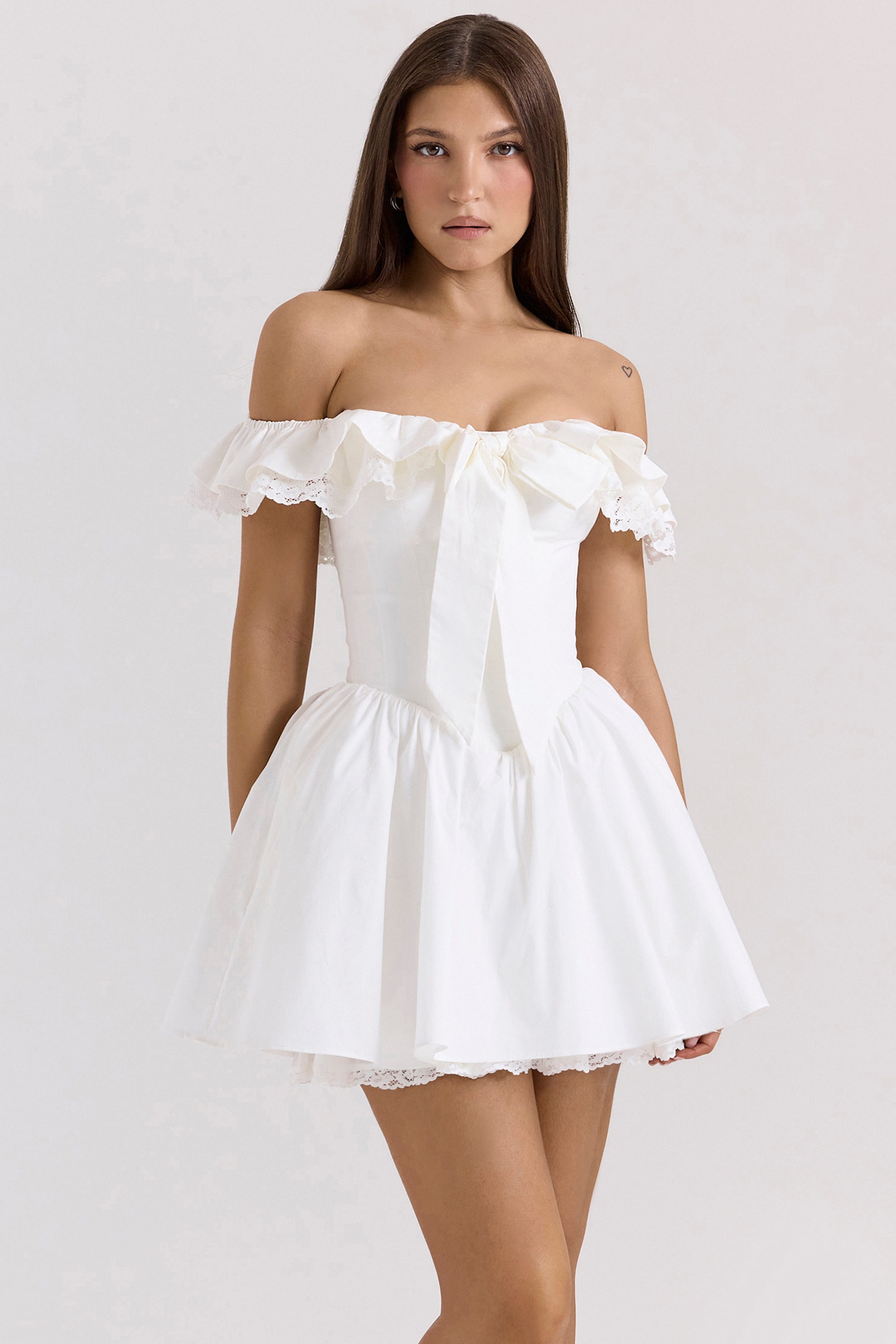 white cotton off shoulder corset mini dress | House of CB