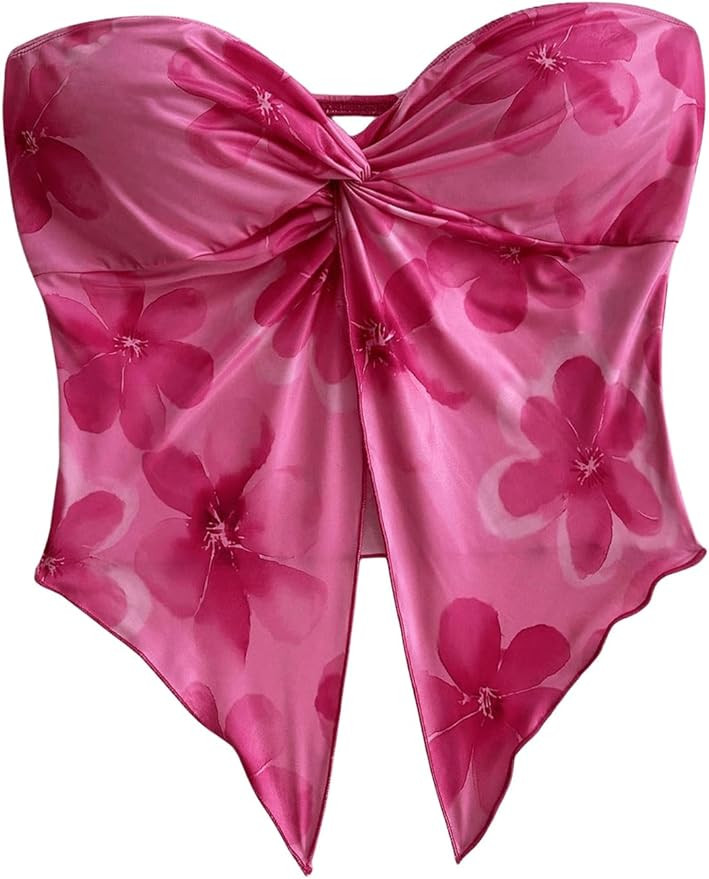 SHENHE Women's Floral Crop Tube Top Twist Front Strapless Split Asymmetrical Boho Flowy Bandeau | Amazon (US)