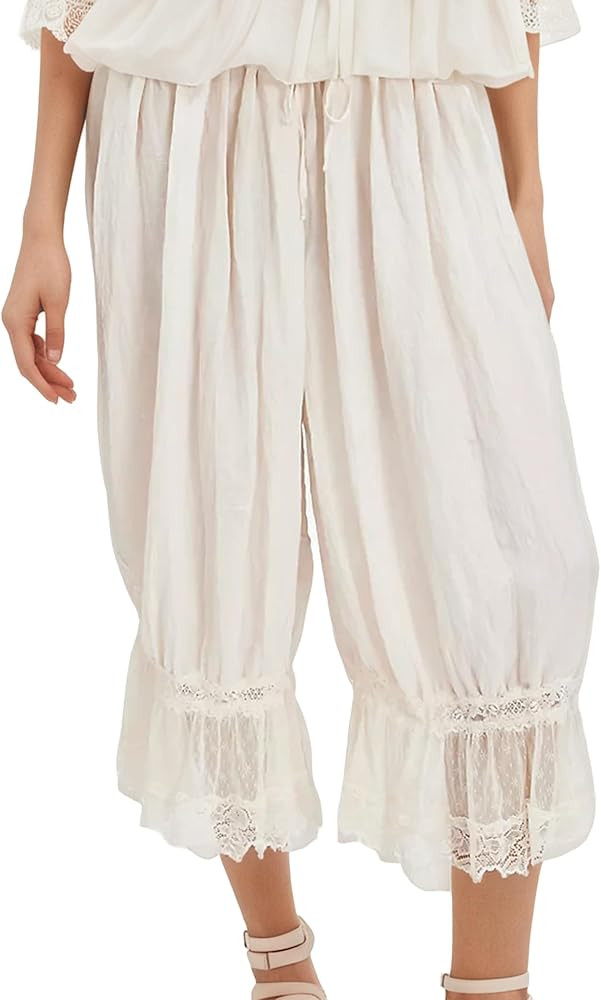 Women Lace Trim Long Bloomers Y2k Elastic Waist Lace Patchwork Pettipants Pantaloons Slip Cropped... | Amazon (US)