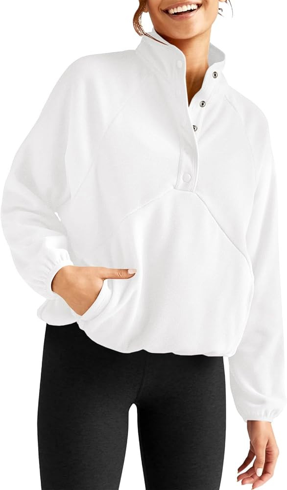 Fisoew Womens Fleece Sweatshirt Casual Long Sleeve Snap Mock Neck Pullover Tops with Pockets | Amazon (US)
