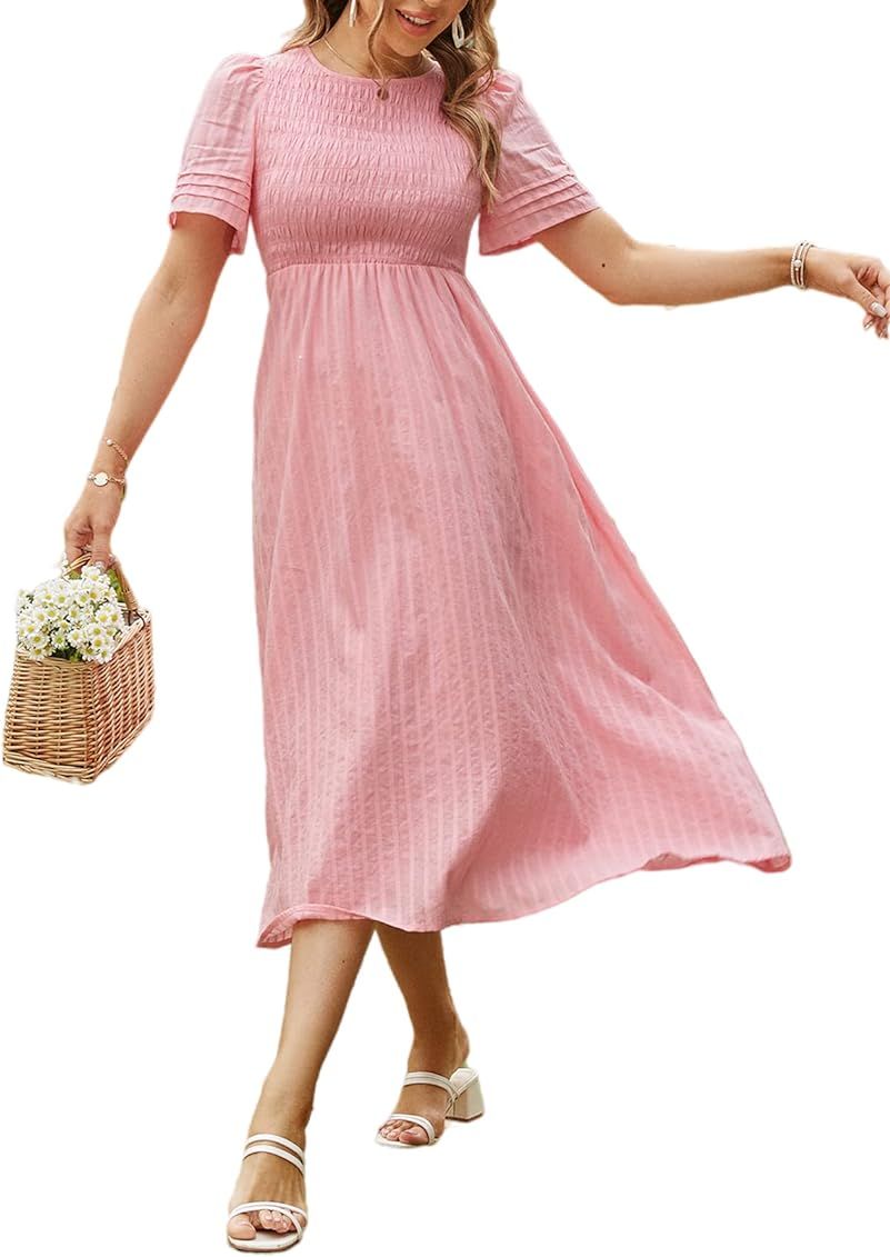 Glamaker Women's Summer Casual Short Sleeve Smocked Midi Dress Puff Sleeve A Line Flowy Midi Long Dr | Amazon (US)