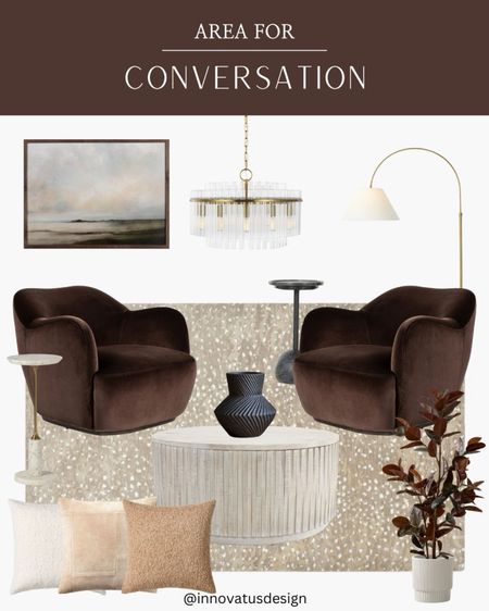 Create a stylish and cozy conversational area in your home that features lots of texture and fun swivel accent chairs. Conversational areas are great for creating in larger living rooms or family rooms as a separate seating area away from the main space. We love these brown velvet swivel chairs!

#LTKHome #LTKSeasonal #LTKFamily