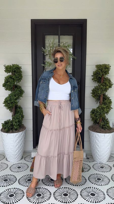 Summer outfit, vacation outfit, white drawstring elastic waist maxi skirt, tan maxi skirt, summer skirt, white cami, denim cropped jacket, all white outfit

#LTKVideo #LTKFestival #LTKStyleTip