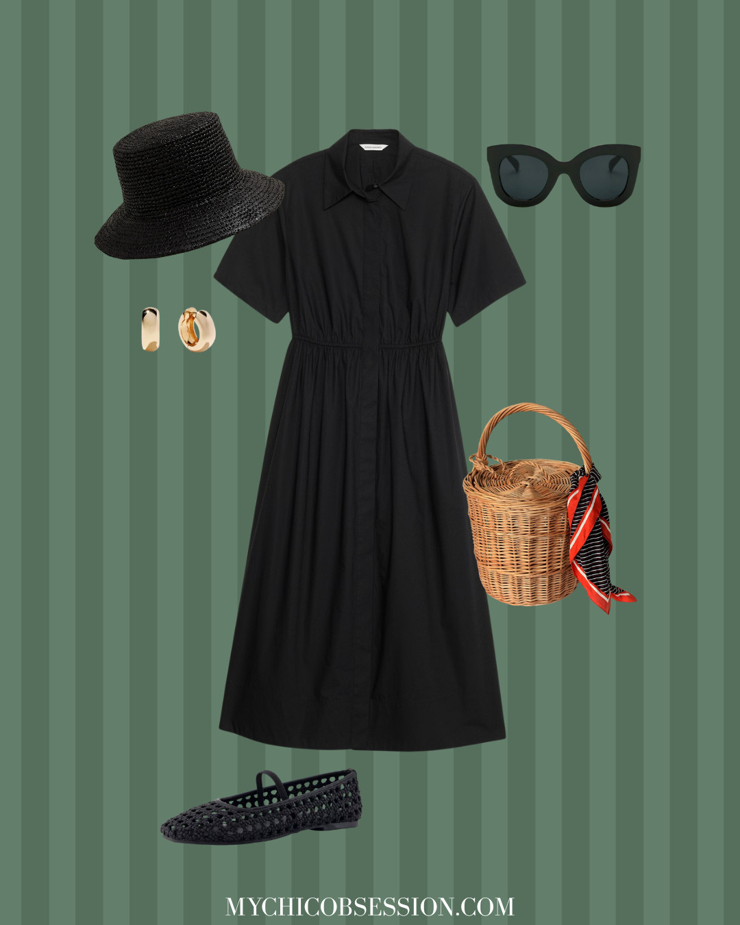 Need a look for the farmer's market this weekend? Try styling an all-black monochromatic outfit for a classy look. Pair a black shirtdress with a coordinating black straw hat, black mesh flats, and black sunglasses. Add a Jane Birkin-style basket bag and gold hoop earrings to complete the look. 

 #LTKSeasonal #LTKStyleTip #LTKShoeCrush