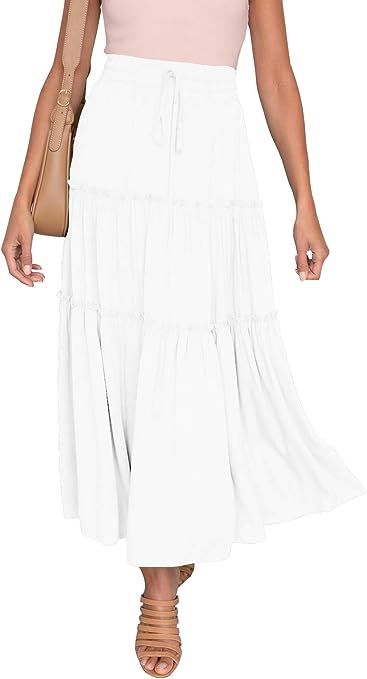 HAEOF Women's Boho Elastic High Waist A Line Ruffle Swing Beach Maxi Skirt | Amazon (US)