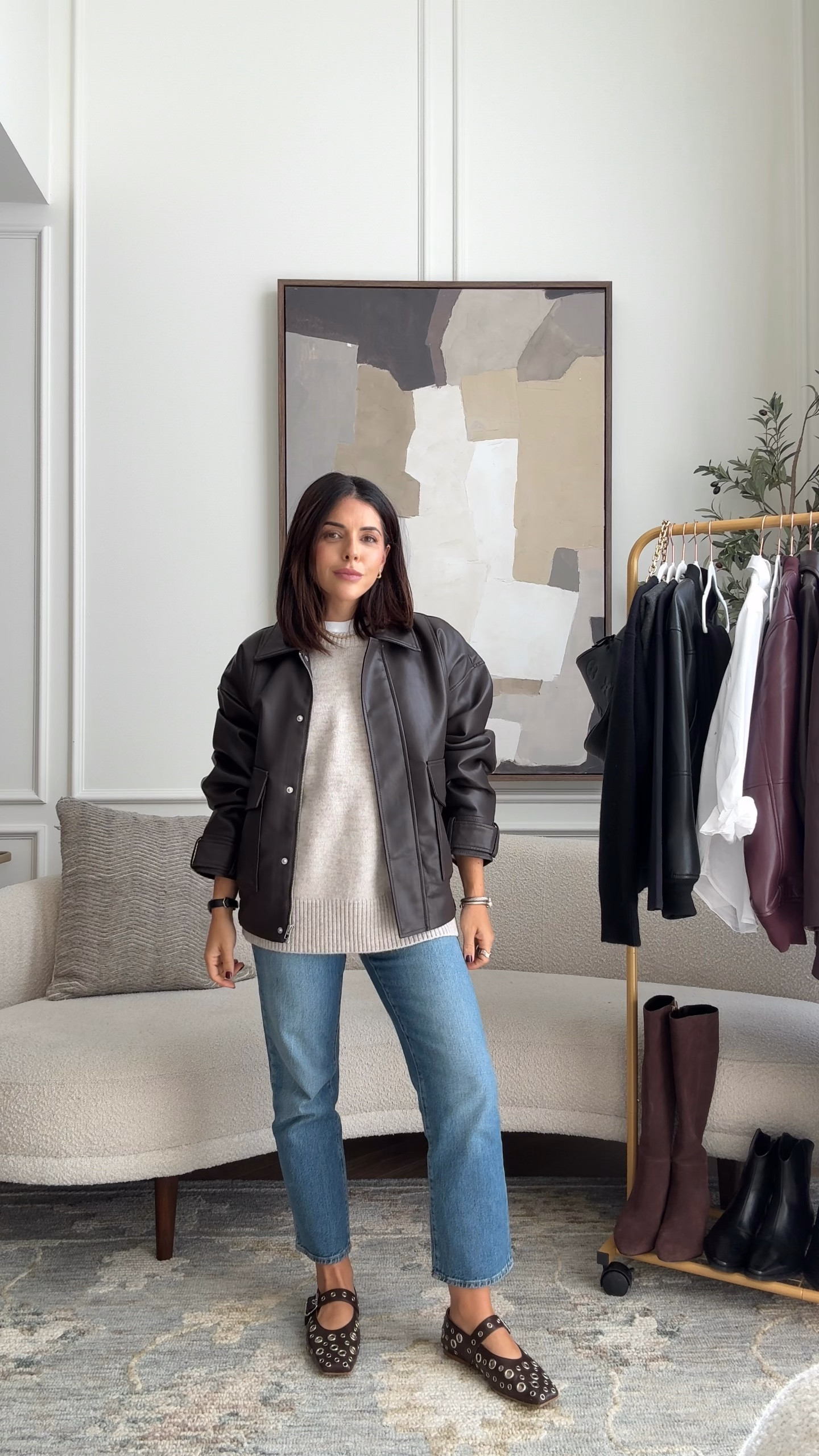 Jeans - 25 short 
Jacket xs 
Sweater S 
T-shirt S

#LTKpetite