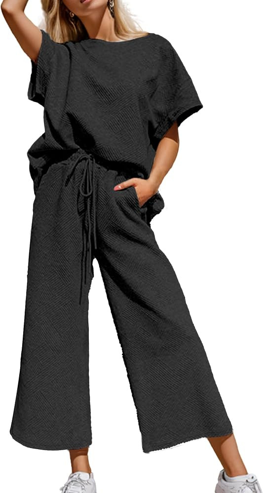 SeeLuNa Women's 2 Piece Outfits Textured Sweatsuit 3/4 Batwing Sleeve Crew Neck Pullover Top Wide... | Amazon (US)