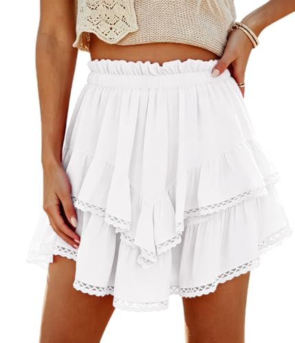 Aoudery Flowy Shorts for Women Casual Boho Ruffled Tiered Skort Crochet Mini Skirt Country Concert Western Cowgirl Outfit - A White S | Amazon (US)