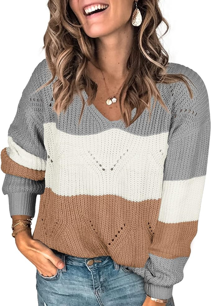WEESO Women's Sweaters Casual Knit Pullover Color Block Jumper Tops | Amazon (US)