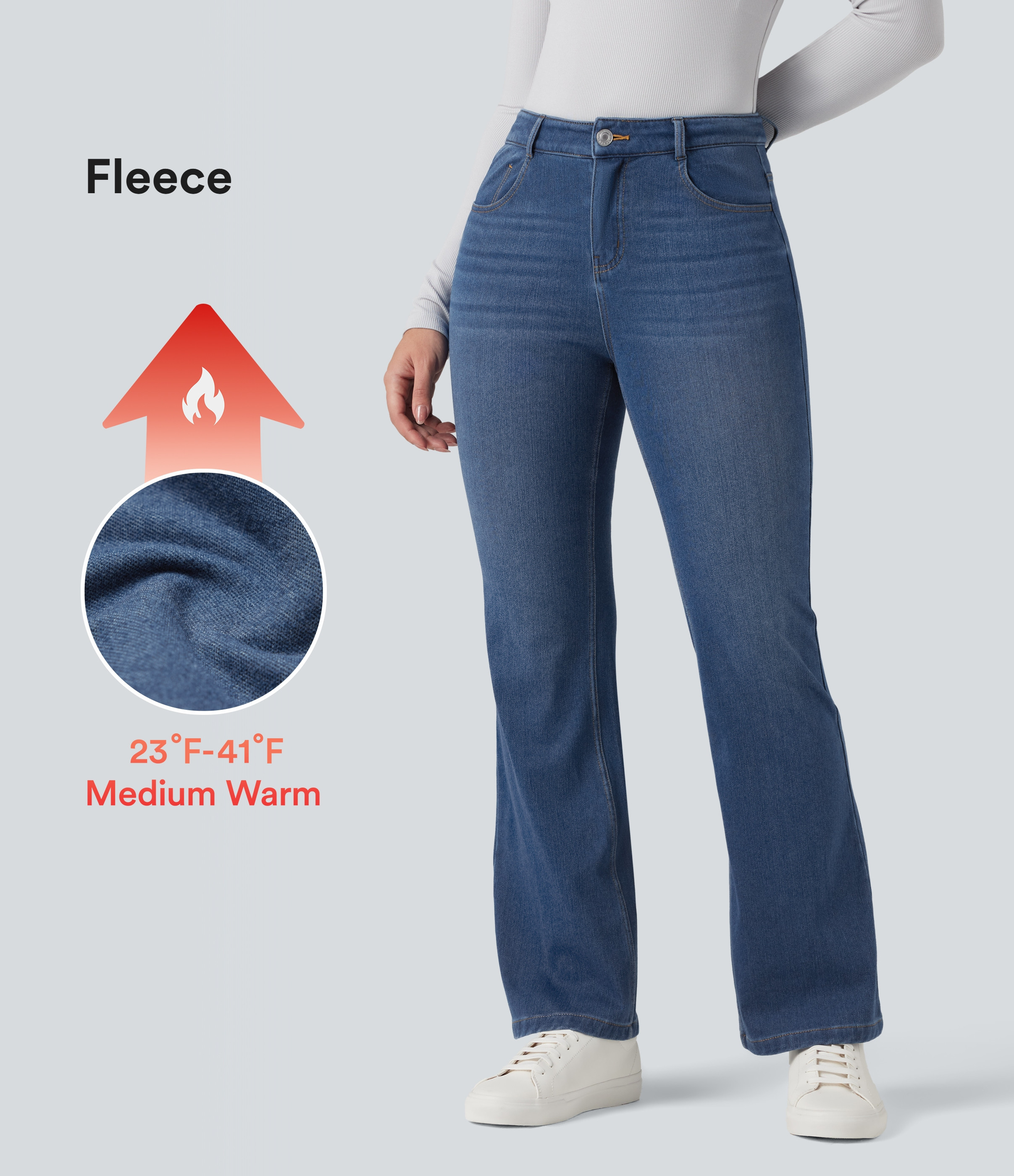 Halara Halara Flex™ Mid Rise Fleece Casual Flare Jeans with Pockets - Tide Blue Denim - XL(regular) | HALARA