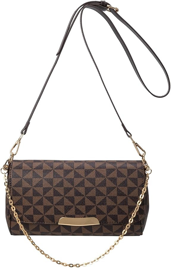 Designer Checkered Shoulder Bag, Brown Faux Leather Crossbody Purse with Chain Strap, Fashion Env... | Amazon (US)