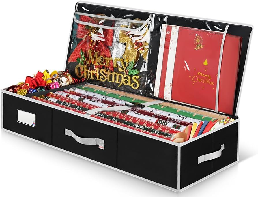 Wrapping Paper Storage Containers with 2 Interior Pocket, 600D Durable Gift Wrap Organizer Storag... | Amazon (US)