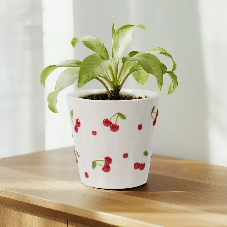 Mainstays 6.25" x 6.25" x 6" Round Cream and Red Ceramic Cherry Planter | Walmart (US)