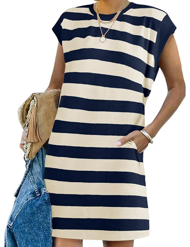 Naggoo Womens Summer Striped T Shirt Dress Crew Neck Cap Sleeve Color Block Casual A Line Short D... | Amazon (US)