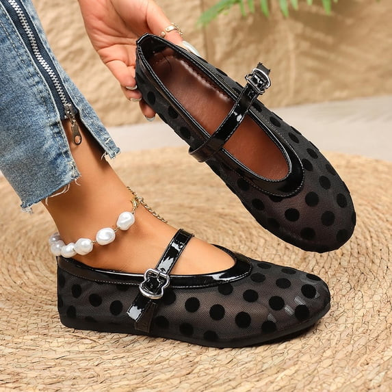 Avrnliq Womens Polka Dot Mary Jane Flats Adjustable Strap Round Toe Comfort Casual Fashion Shoes ... | Walmart (US)