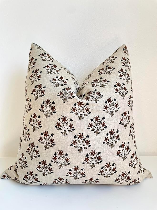 Hand Block Print Pure Linen Throw Pillow Cover: Handmade Vintage Cushion Cover (Amber) (20x20) | Amazon (US)