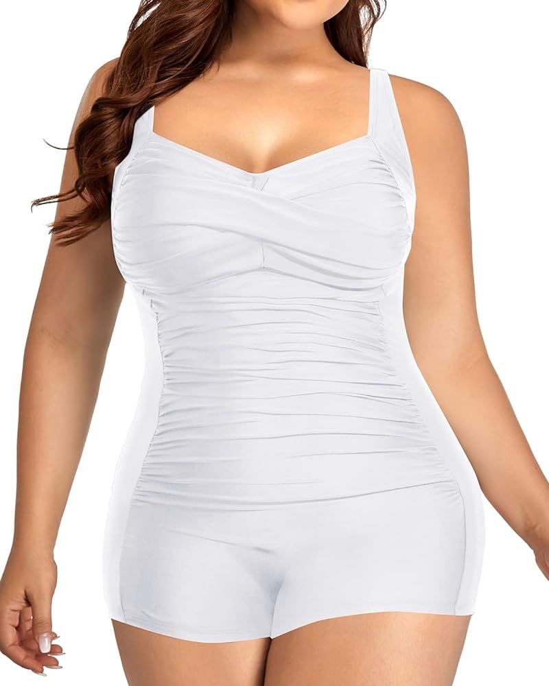 Daci Plus Size One Piece Swimsuits Boyshort Tummy Control Ruched Plus Size Bathing Suits Retro Tw... | Amazon (US)