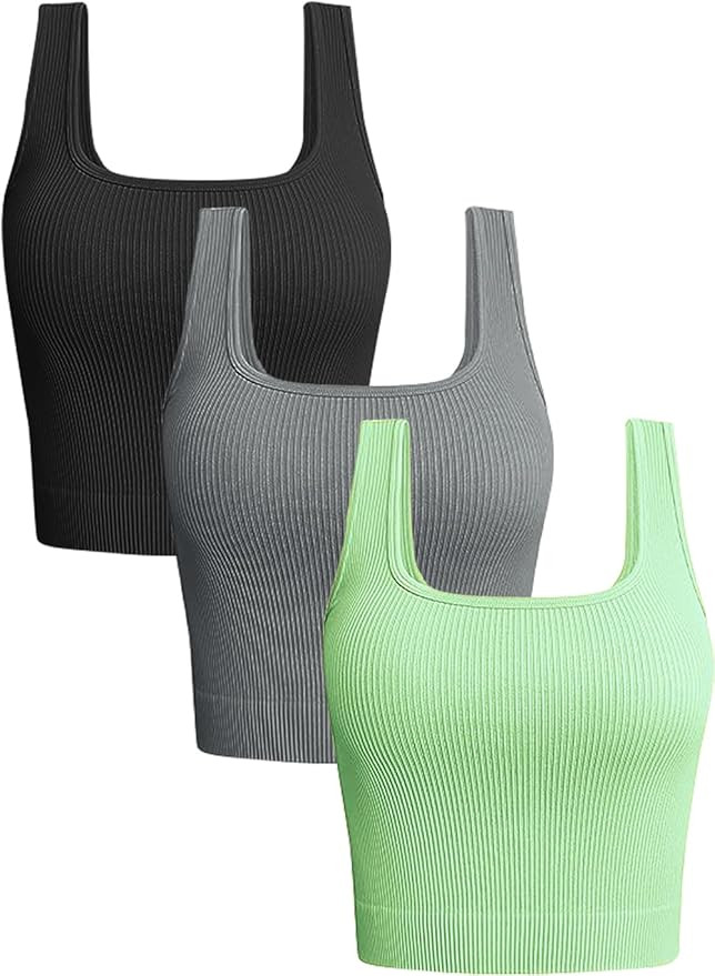 OLCHEE Womens 3 Pack Crop Tank Tops Basic Seamless Ribbed Sleeveless Square Neck Workout Top Summ... | Amazon (US)